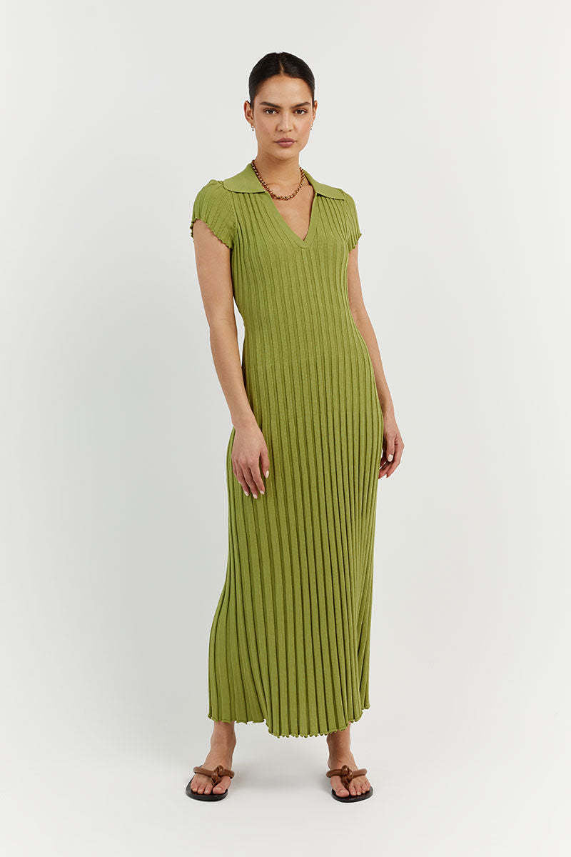 North Knitted Dress Casual Waist Tight Collared V Neck Sunken Stripe Slimming Knitted Women’s Maxi Dress