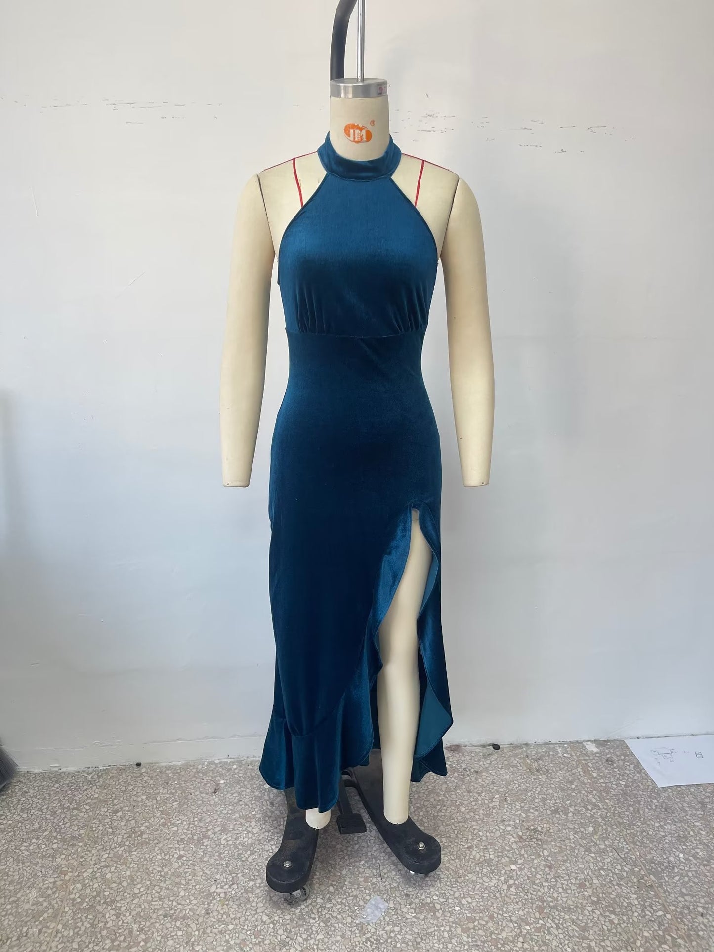 Women Clothing Velvet Lace Sexy Dress High Slit High Waist Slim Strap Dress