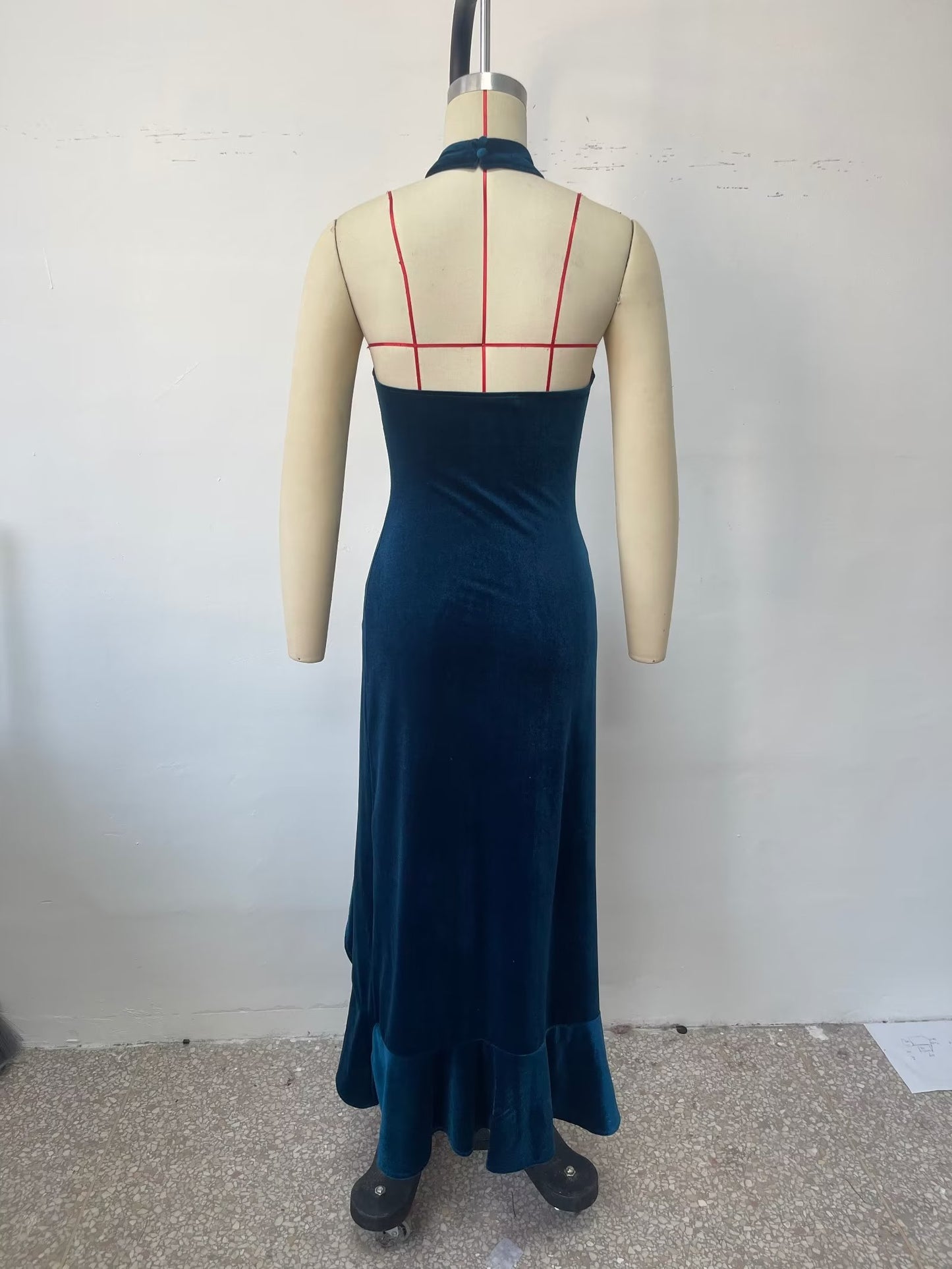 Women Clothing Velvet Lace Sexy Dress High Slit High Waist Slim Strap Dress