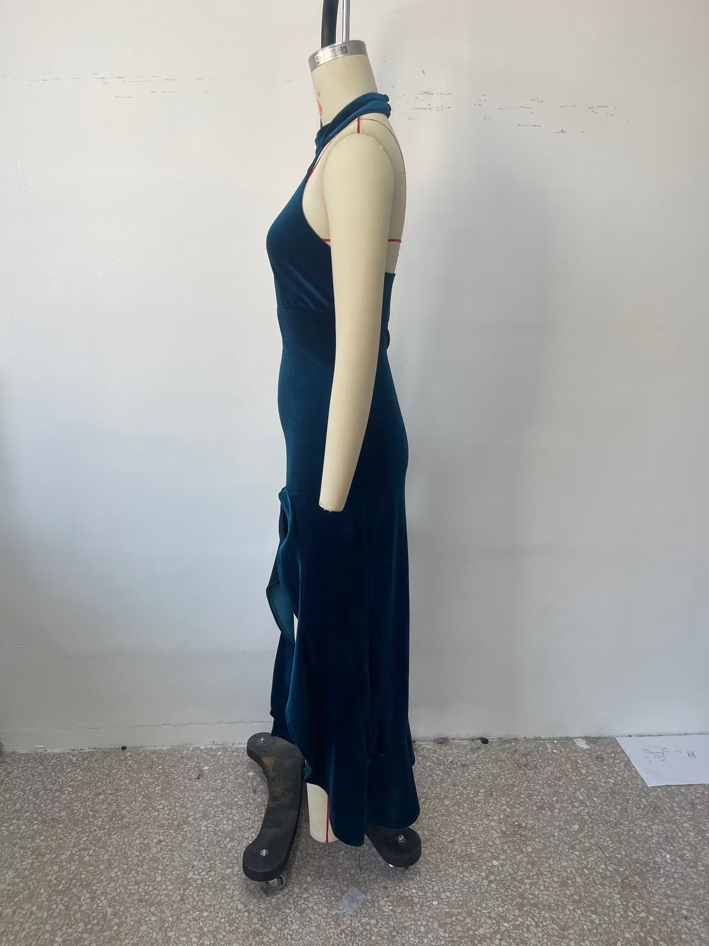 Women Clothing Velvet Lace Sexy Dress High Slit High Waist Slim Strap Dress
