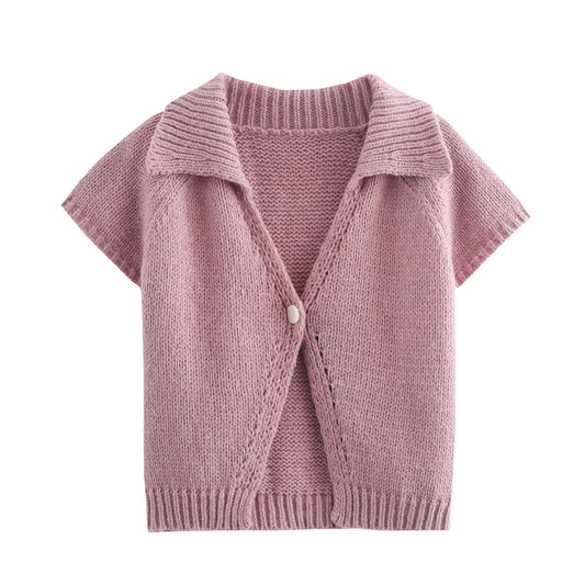 Tetee Women’s Fall Retro Casual Office Button Thick Needle Sweater With Short Sleeves Pink