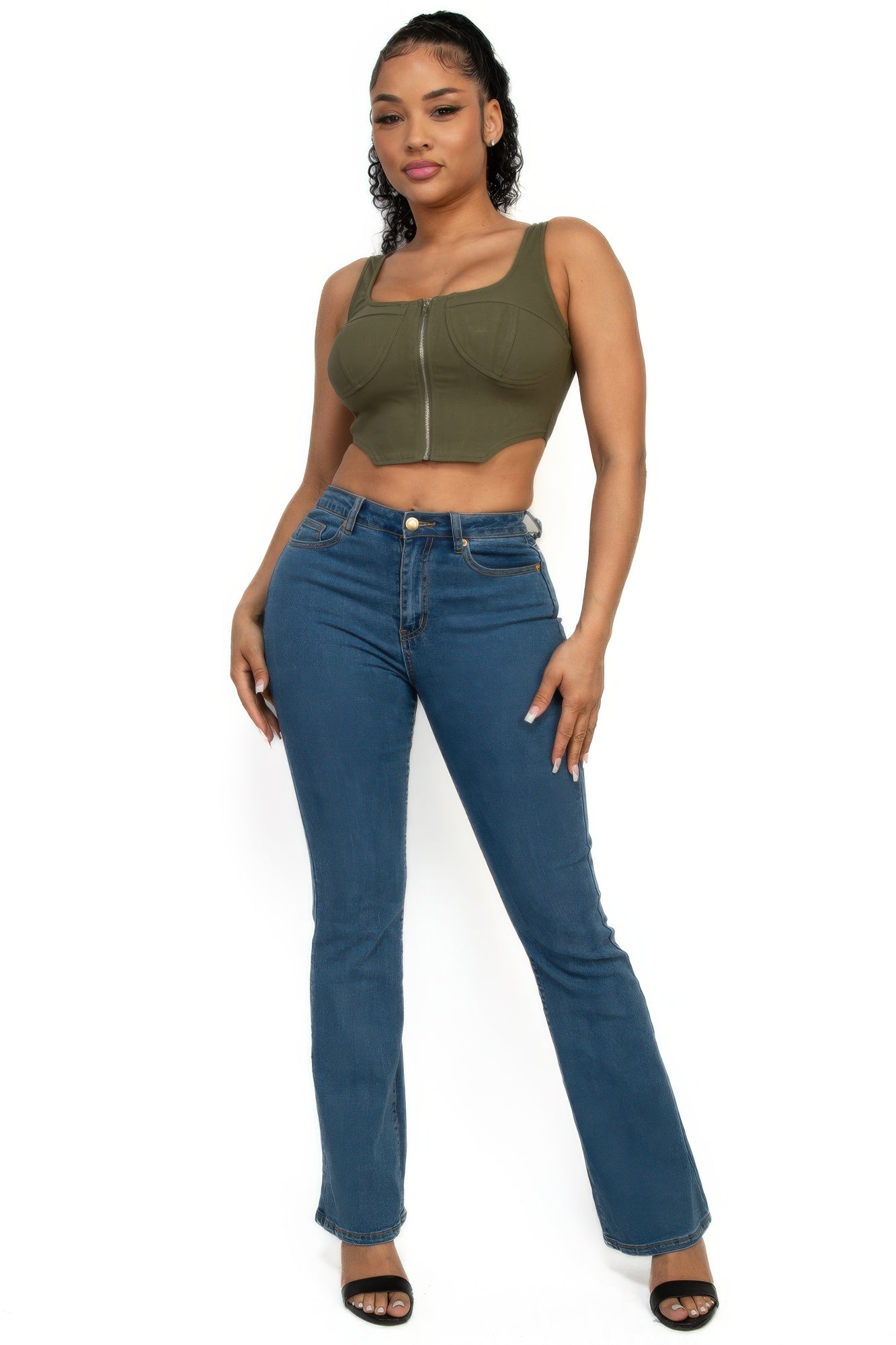 Mika Zip-up square neck crop top Green