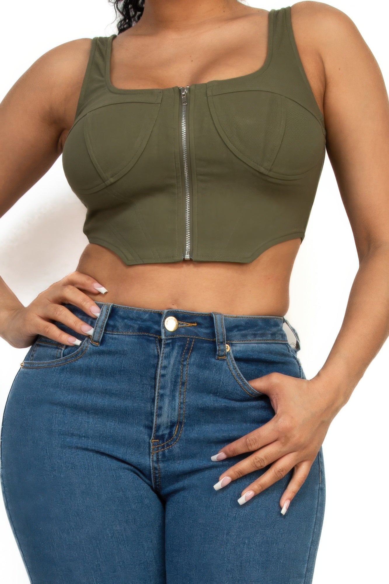 Mika Zip-up square neck crop top Green