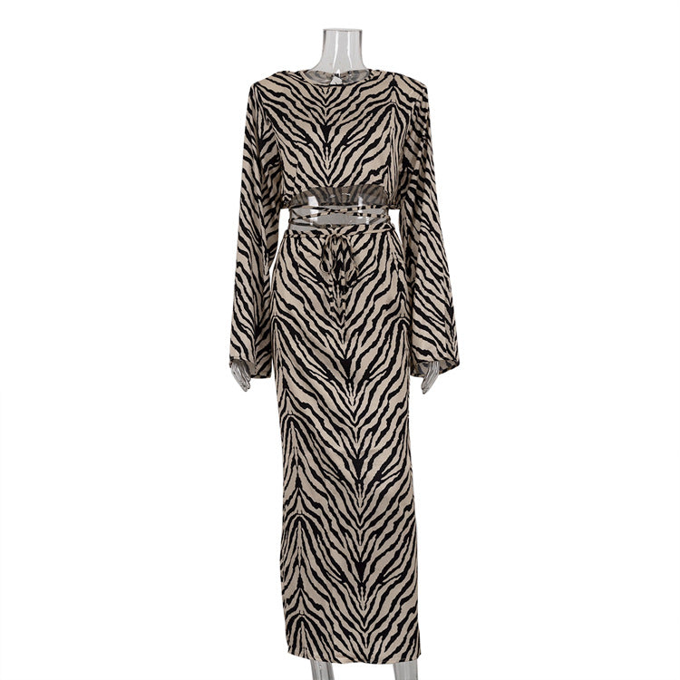 Long Sleeves Cropped Top Suit Skirt Two Piece Set High Sense High Waist Fishtail Skirt Zebra Women Striped