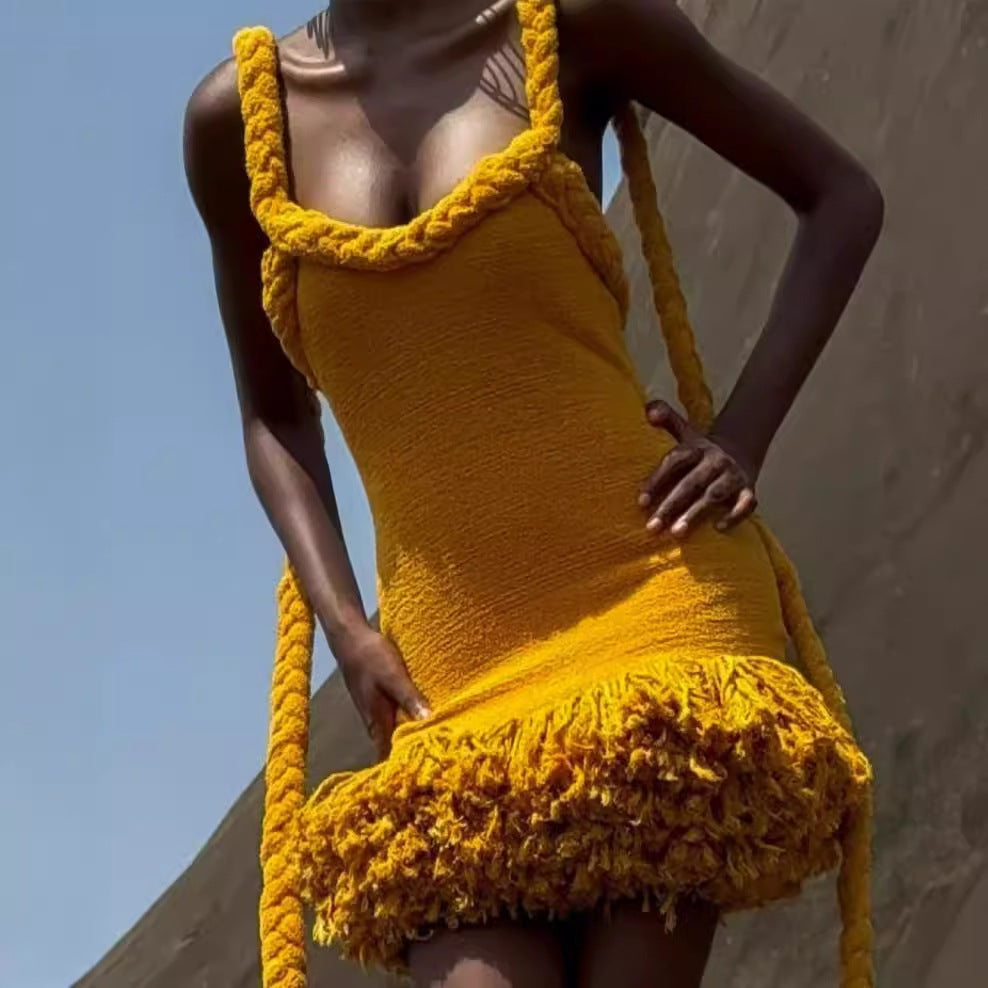 Twisted Sista Hand Woven Twine Rope Shoulder Strap Tassel Short Dress Mustard Yellow Dress