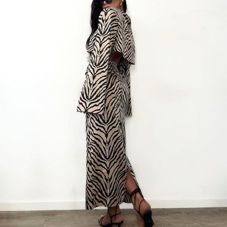 Long Sleeves Cropped Top Suit Skirt Two Piece Set High Sense High Waist Fishtail Skirt Zebra Women Striped
