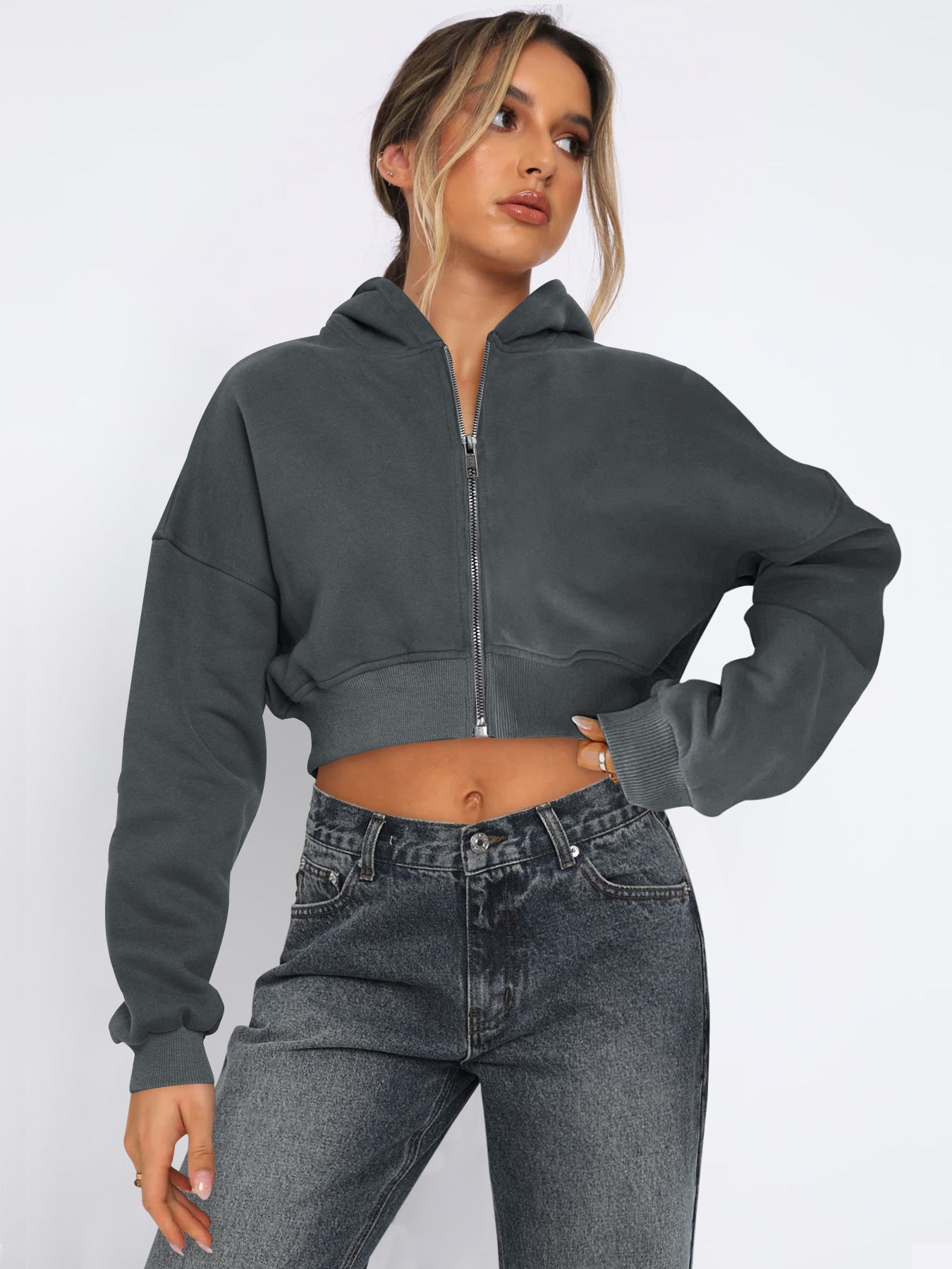Street Cropped Long Sleeved Top Fleece Zipper Cardigan Hoodie Casual for Women