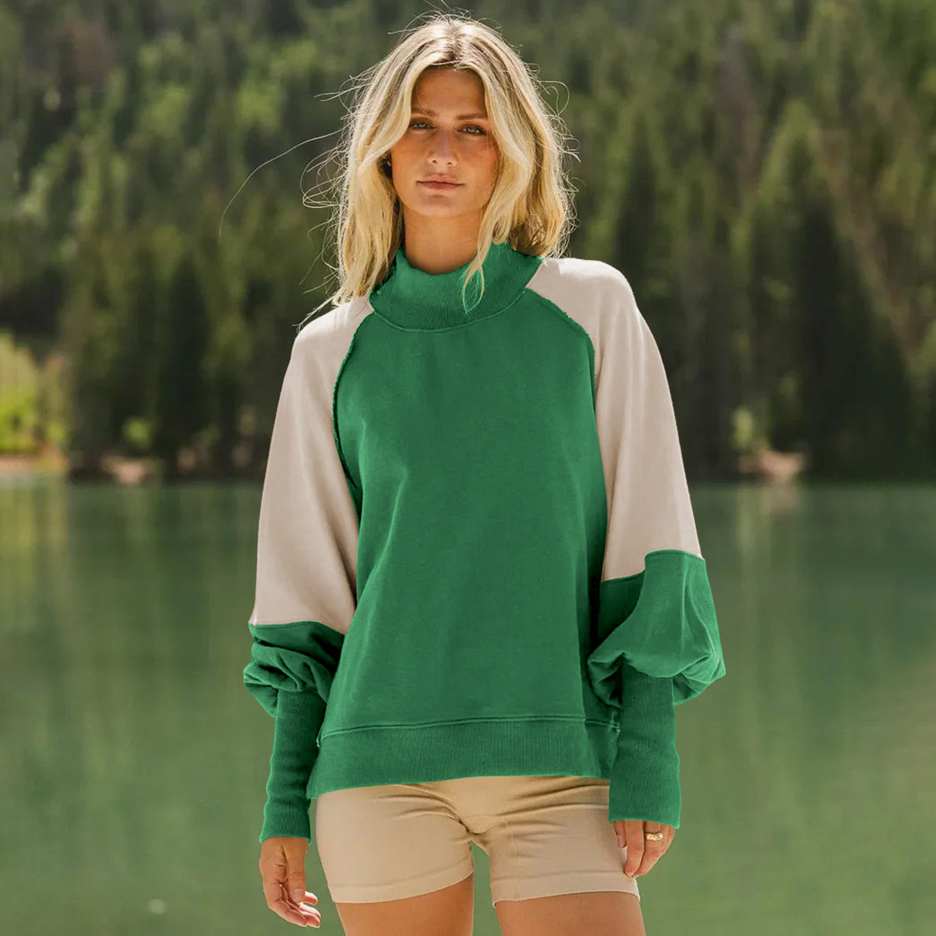 Women Clothing Contrast Color Lantern Sleeve Half High Collar Long Sleeves Sweater Casual Office Women