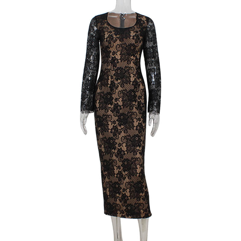 Sexy Lace Long Sleeve Waist Tight Display Elegant Slim Fit Sheath Back Slit Dress Women