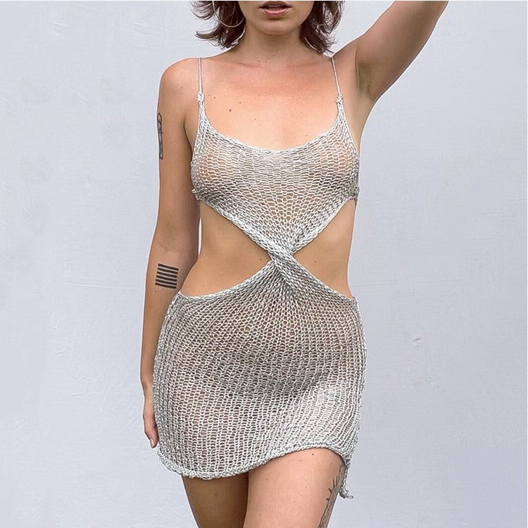 Collarless Women Wear Sexy Sling Dress Hollow Out Cutout Knitted Dress Short Solid Color Sheath Beach Dress for Women