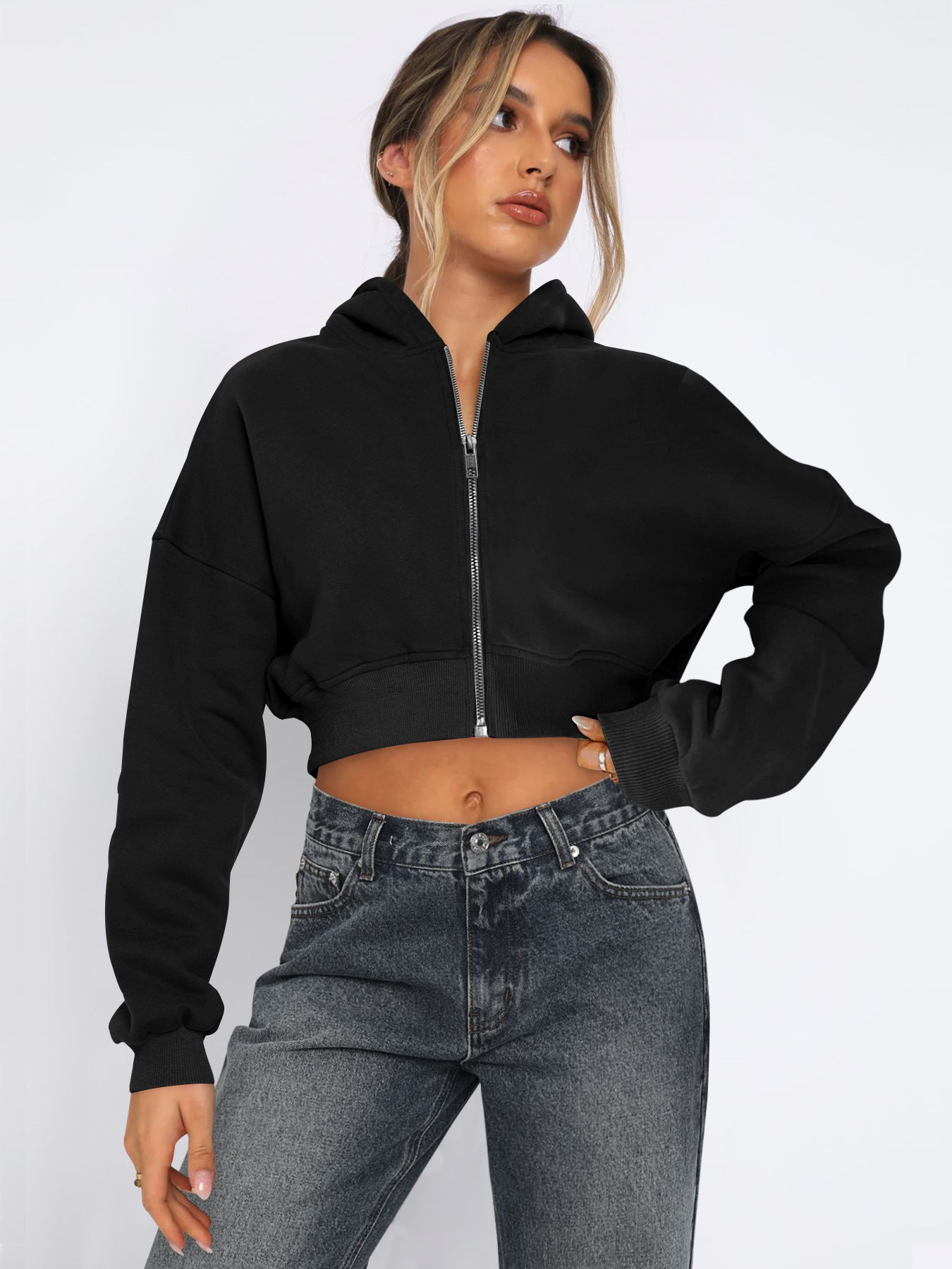 Street Cropped Long Sleeved Top Fleece Zipper Cardigan Hoodie Casual for Women