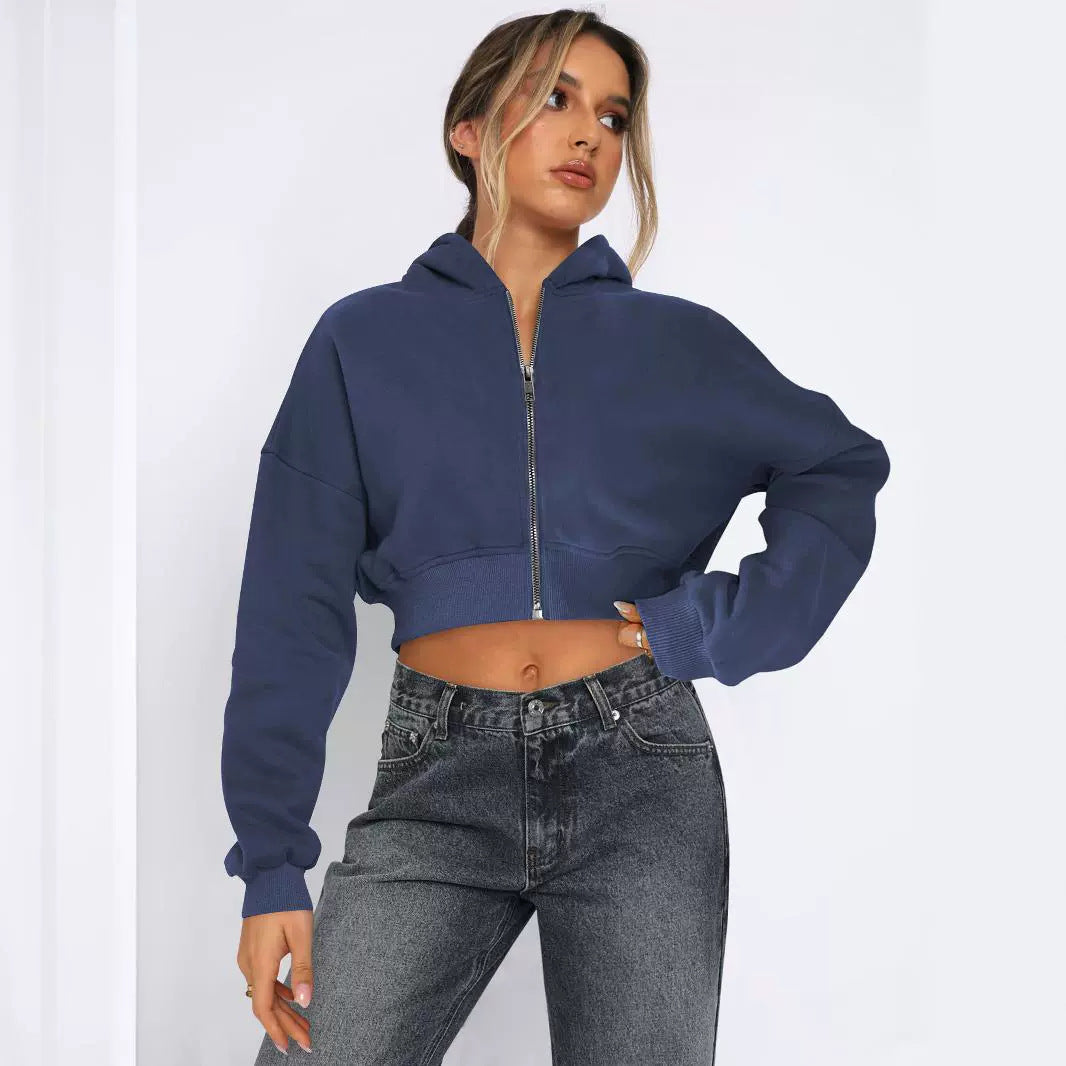 Street Cropped Long Sleeved Top Fleece Zipper Cardigan Hoodie Casual for Women