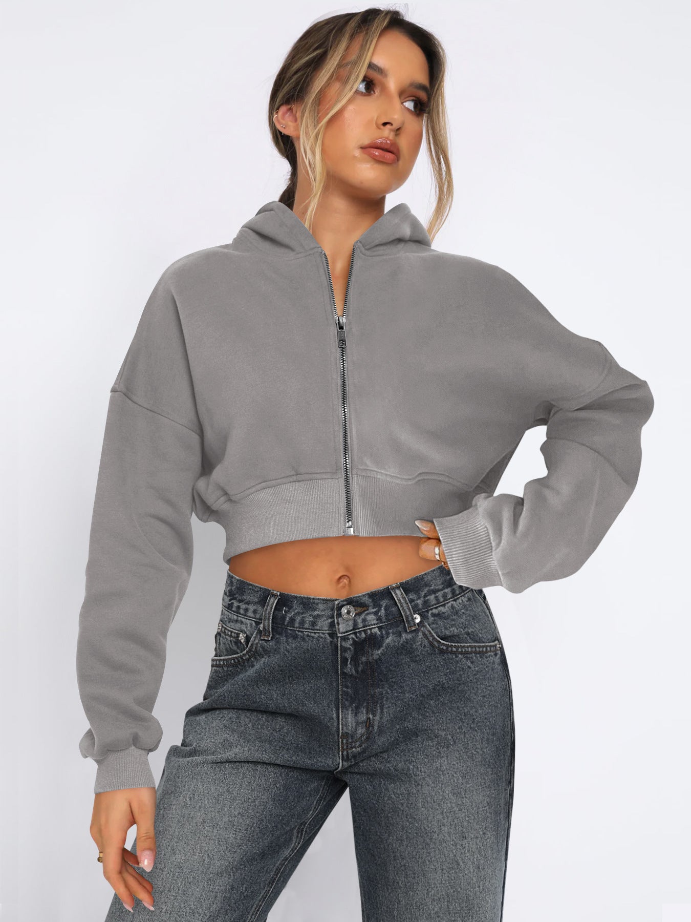Street Cropped Long Sleeved Top Fleece Zipper Cardigan Hoodie Casual for Women