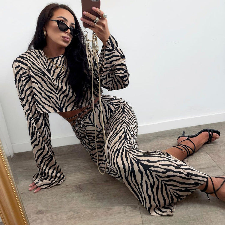 Long Sleeves Cropped Top Suit Skirt Two Piece Set High Sense High Waist Fishtail Skirt Zebra Women Striped