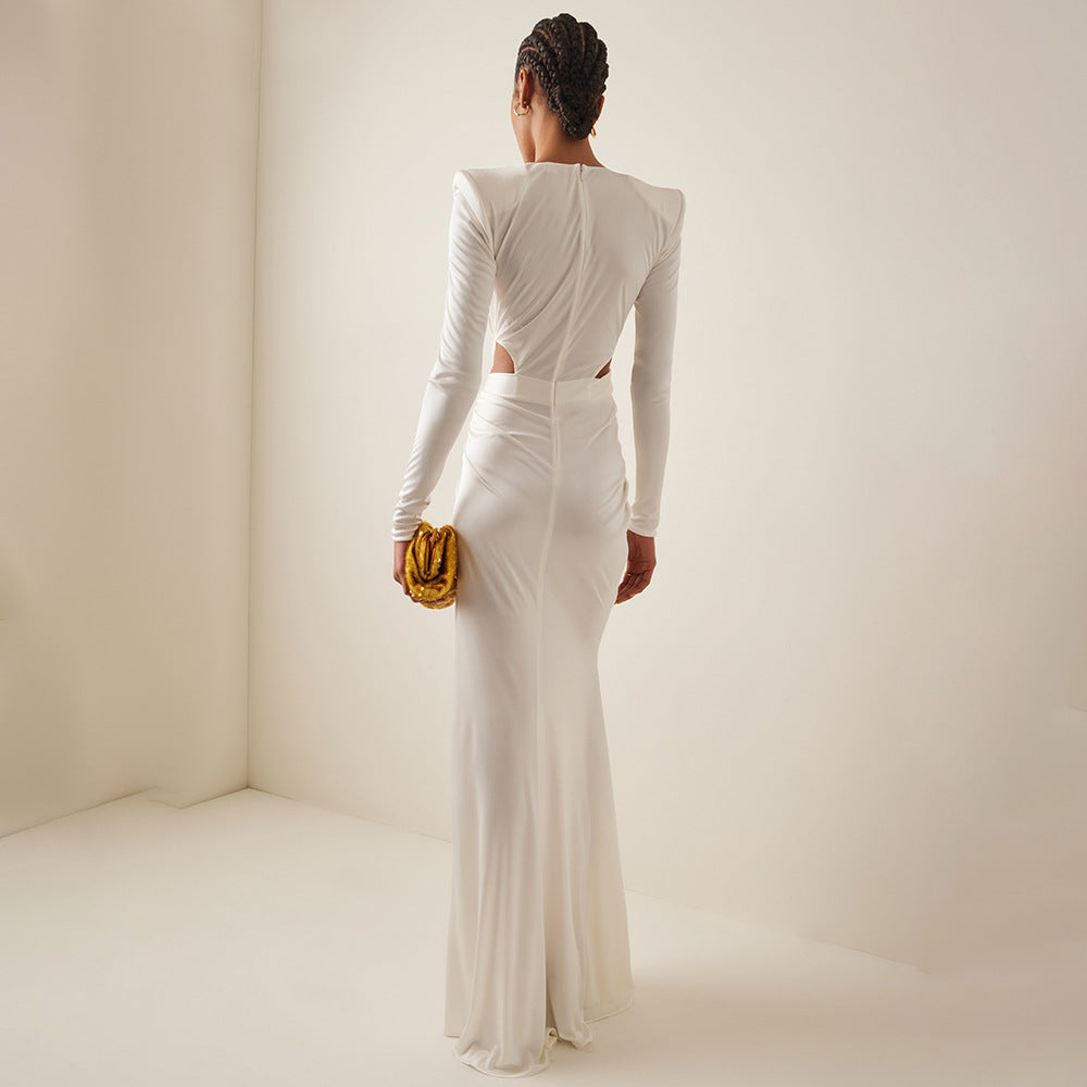 Maxy Bridal White Long Sleeve Pleating Hollow Out Cutout Cross Dress V Neck