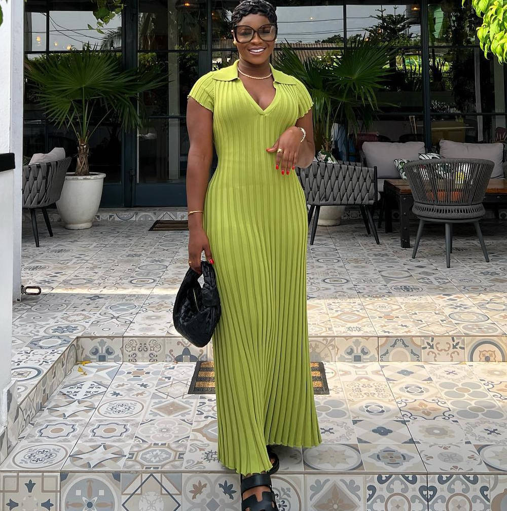 North Knitted Dress Casual Waist Tight Collared V Neck Sunken Stripe Slimming Knitted Women’s Maxi Dress