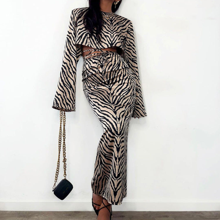 Long Sleeves Cropped Top Suit Skirt Two Piece Set High Sense High Waist Fishtail Skirt Zebra Women Striped
