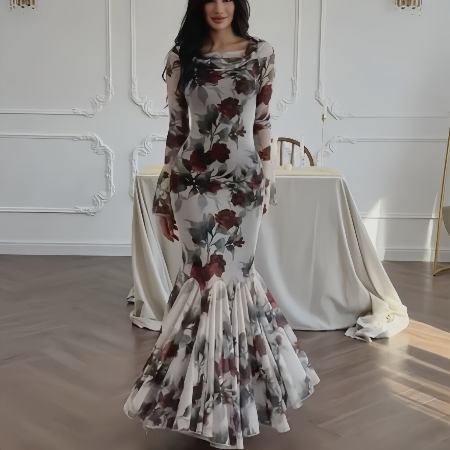 Women Romantic French Floral Print Long Sleeve Dress Maxi Dress