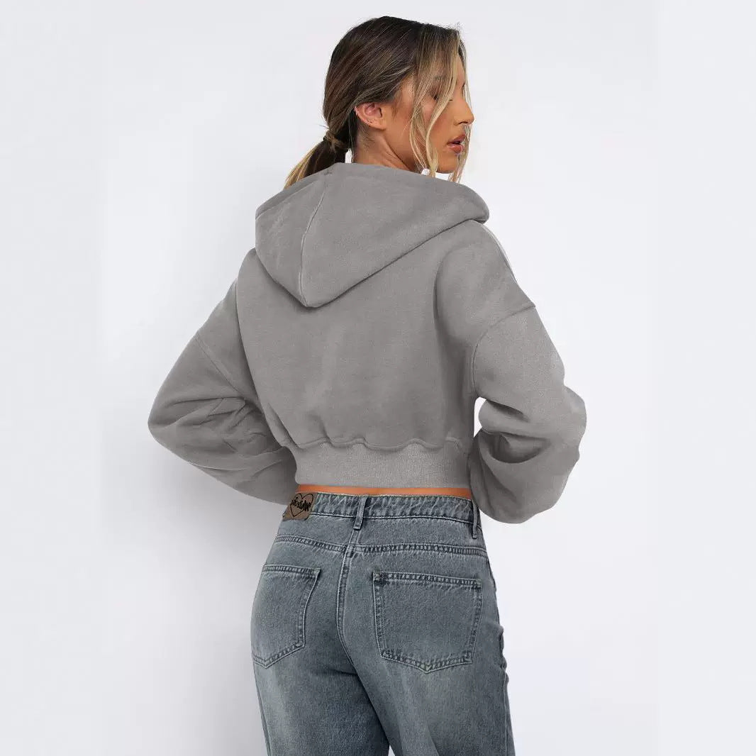 Street Cropped Long Sleeved Top Fleece Zipper Cardigan Hoodie Casual for Women