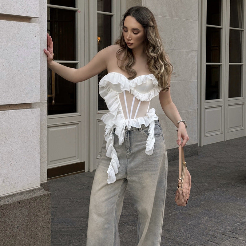 Fall Women Clothing Sexy Sexy Ruffled Off Shoulder Slim Corset Vest Top