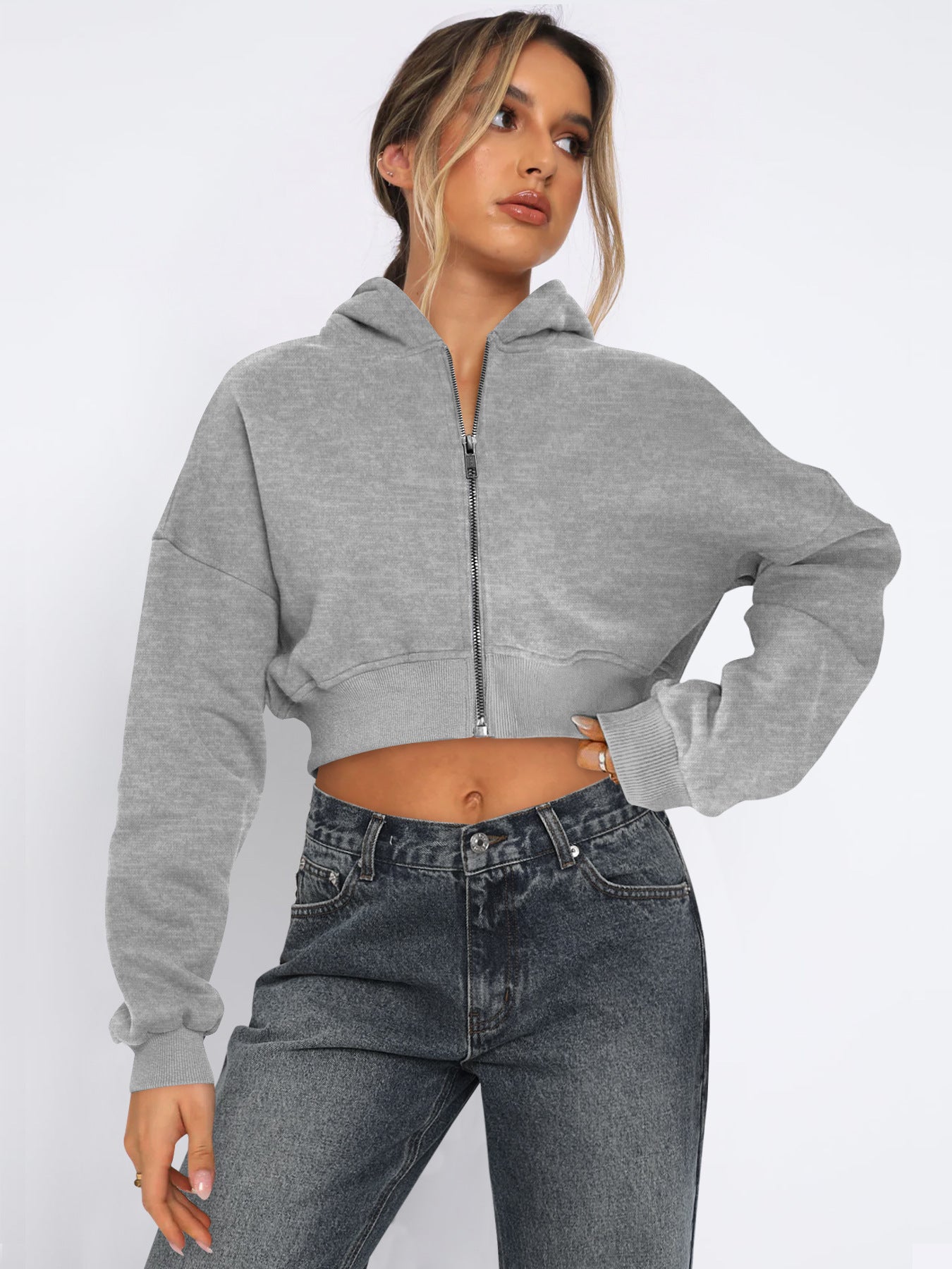 Street Cropped Long Sleeved Top Fleece Zipper Cardigan Hoodie Casual for Women