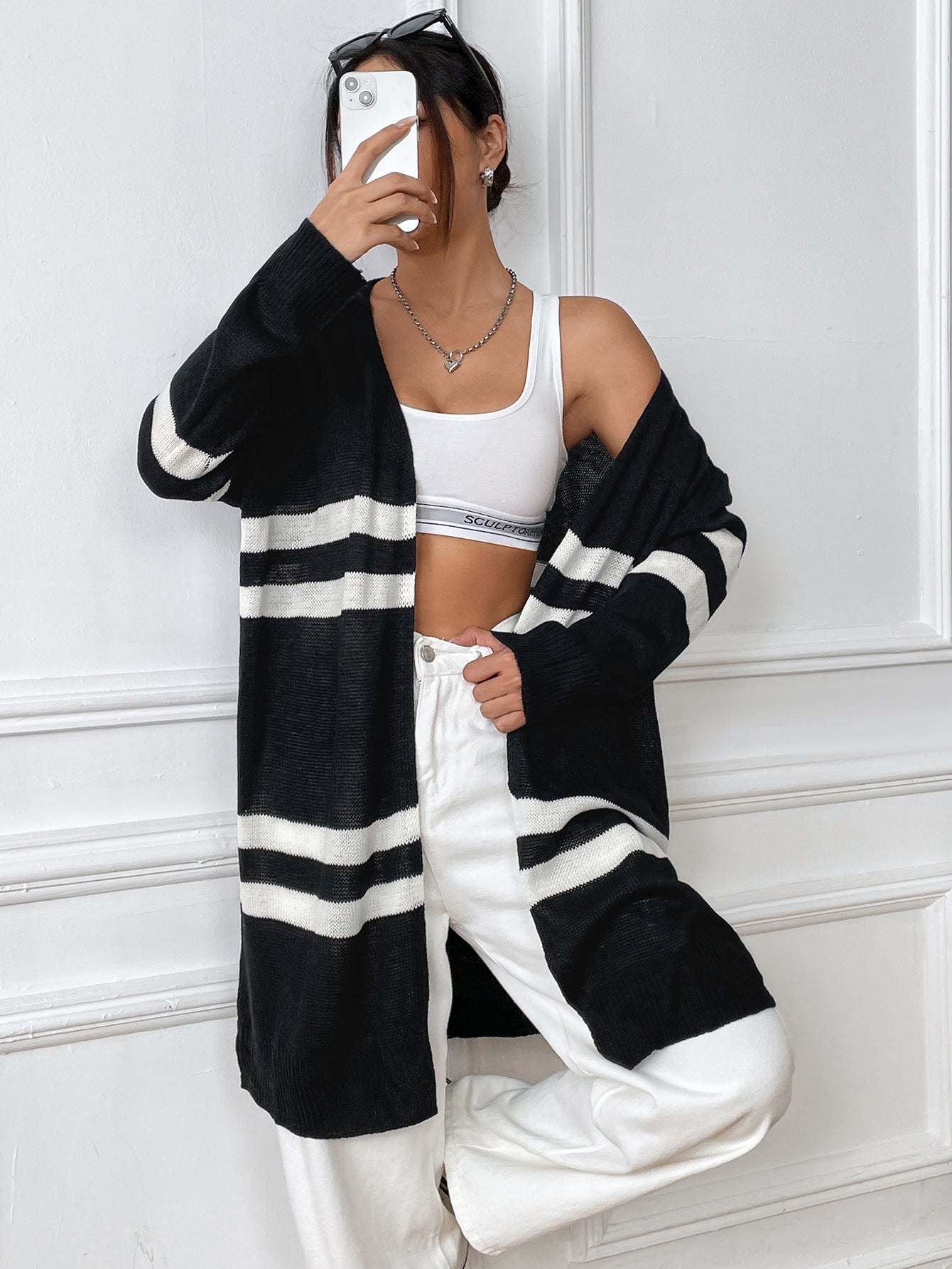 Women Cardigan Women Clothing Spring Autumn Striped Color Contrast Patchwork Woven Shirt Loose Casual Sweater Coat
