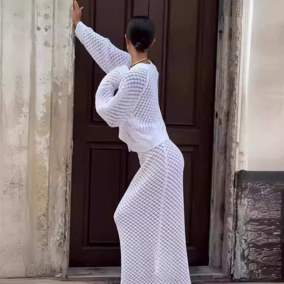 Pure White Hollow Out Cutout Cardigan Skirts Women Clothing Maxi Skirts Two Piece Set