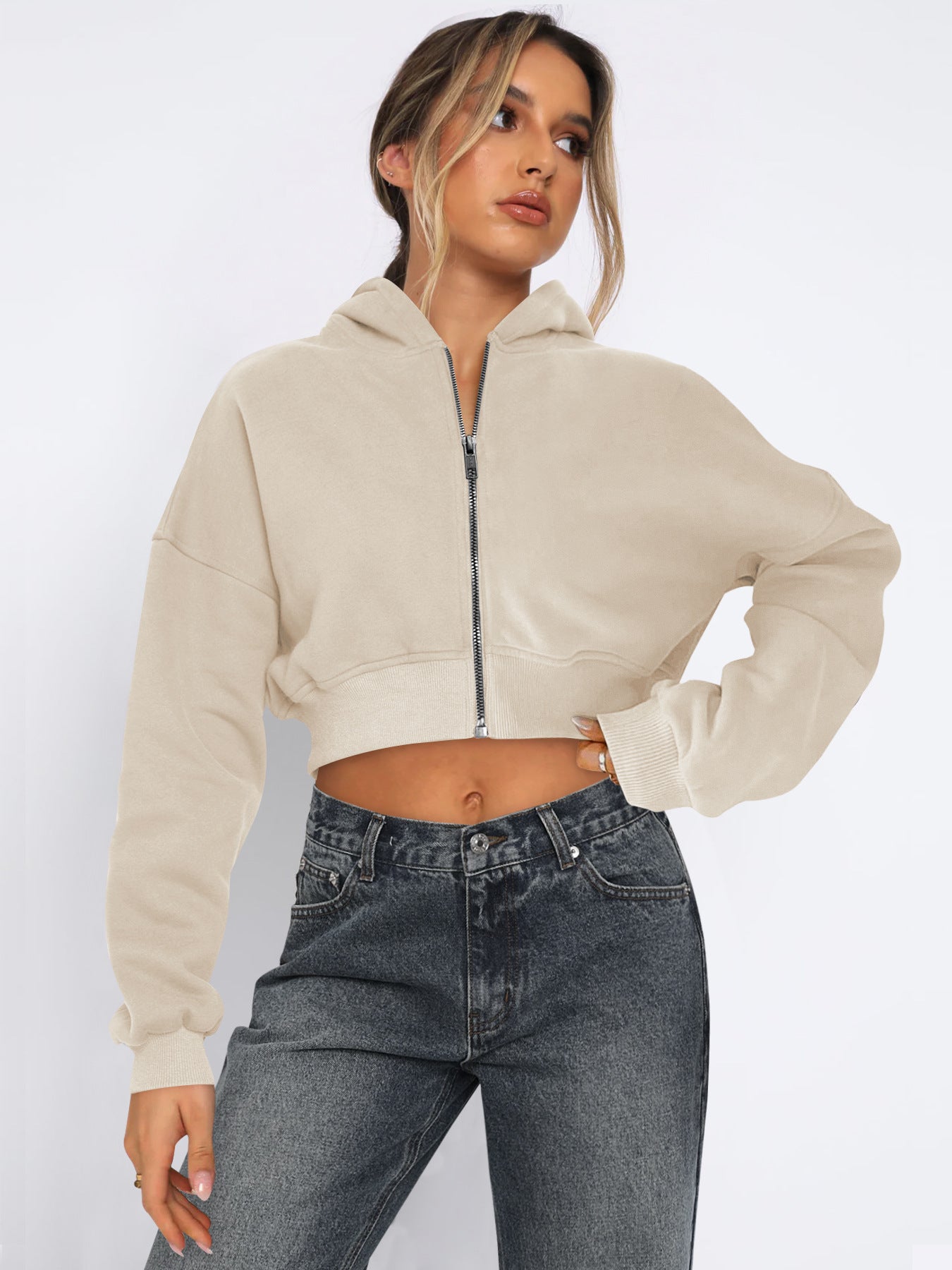 Street Cropped Long Sleeved Top Fleece Zipper Cardigan Hoodie Casual for Women
