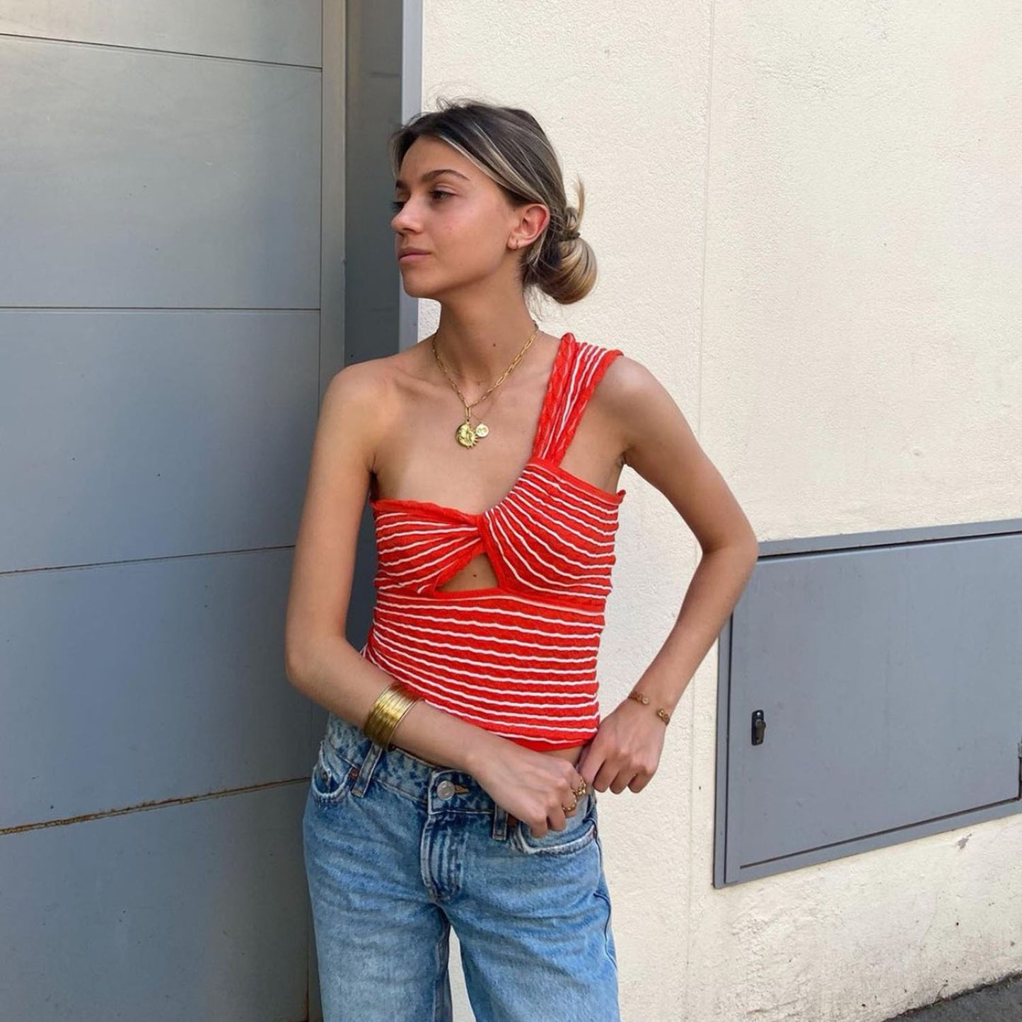 Spring Summer Best Women Clothes Striped Single Shoulder Knitted Woolen Vest Twisted
