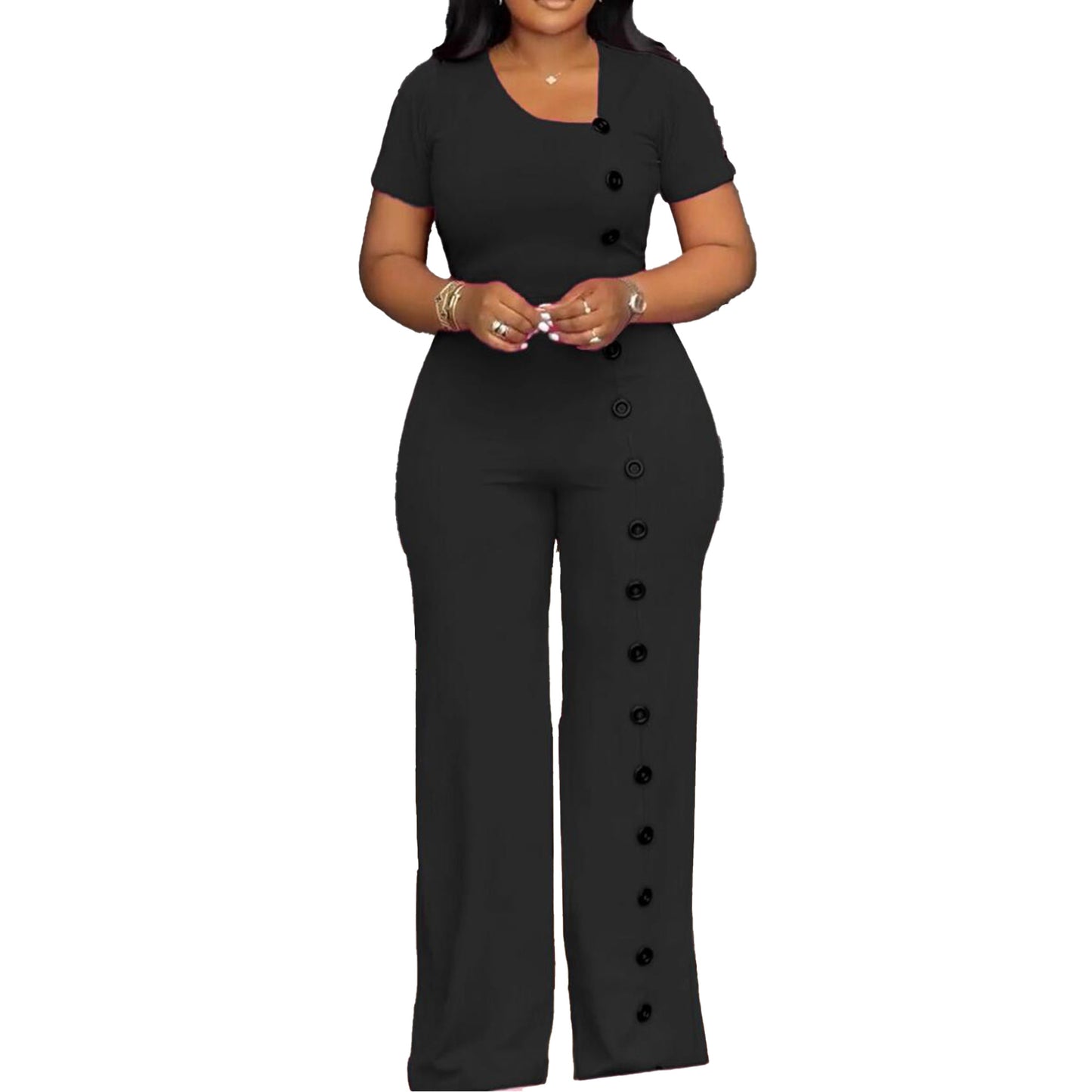 Irregular Asymmetric Neckline Tight Waist Wide Leg Breasted Jumpsuit