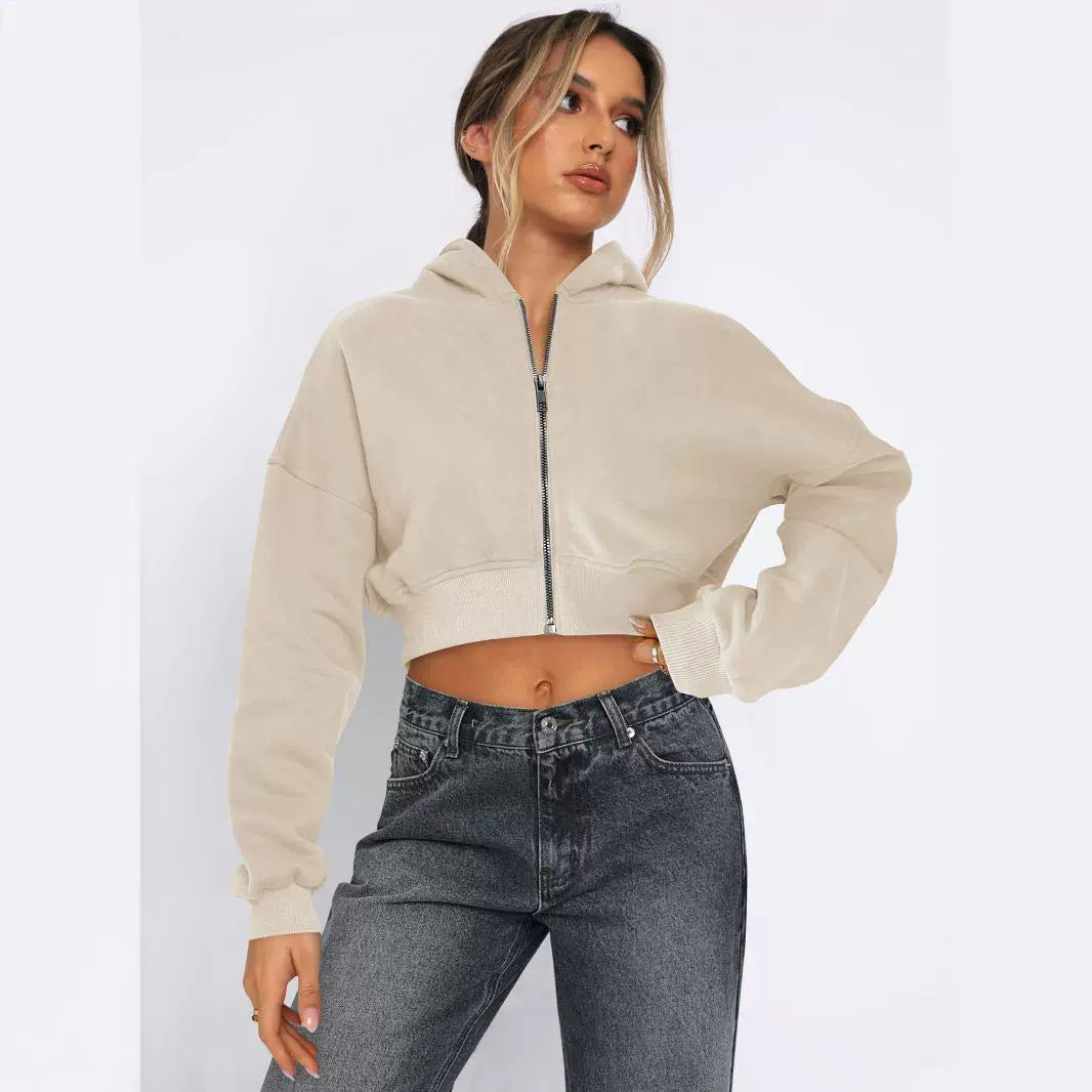 Street Cropped Long Sleeved Top Fleece Zipper Cardigan Hoodie Casual for Women
