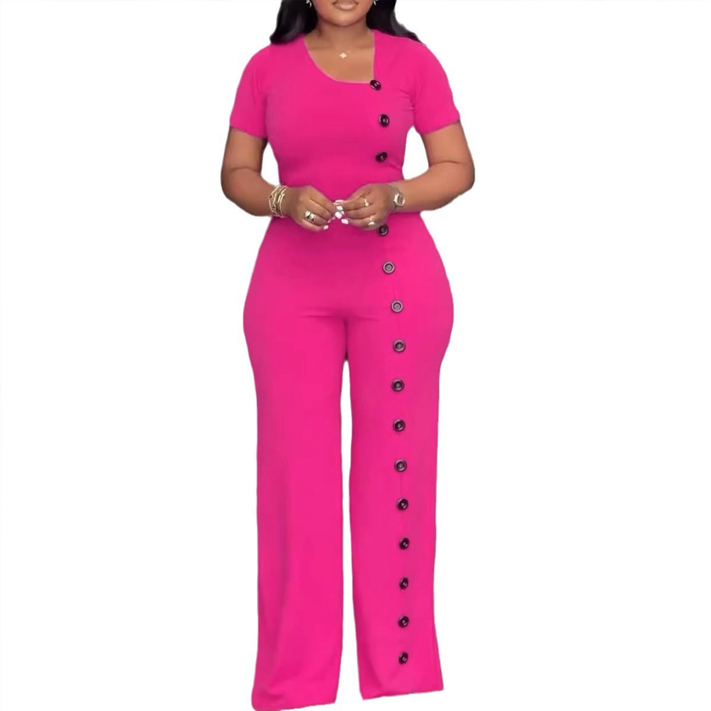 Irregular Asymmetric Neckline Tight Waist Wide Leg Breasted Jumpsuit