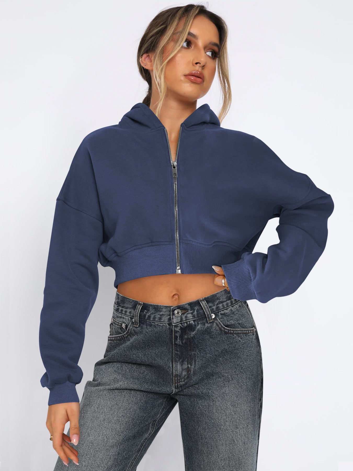 Street Cropped Long Sleeved Top Fleece Zipper Cardigan Hoodie Casual for Women