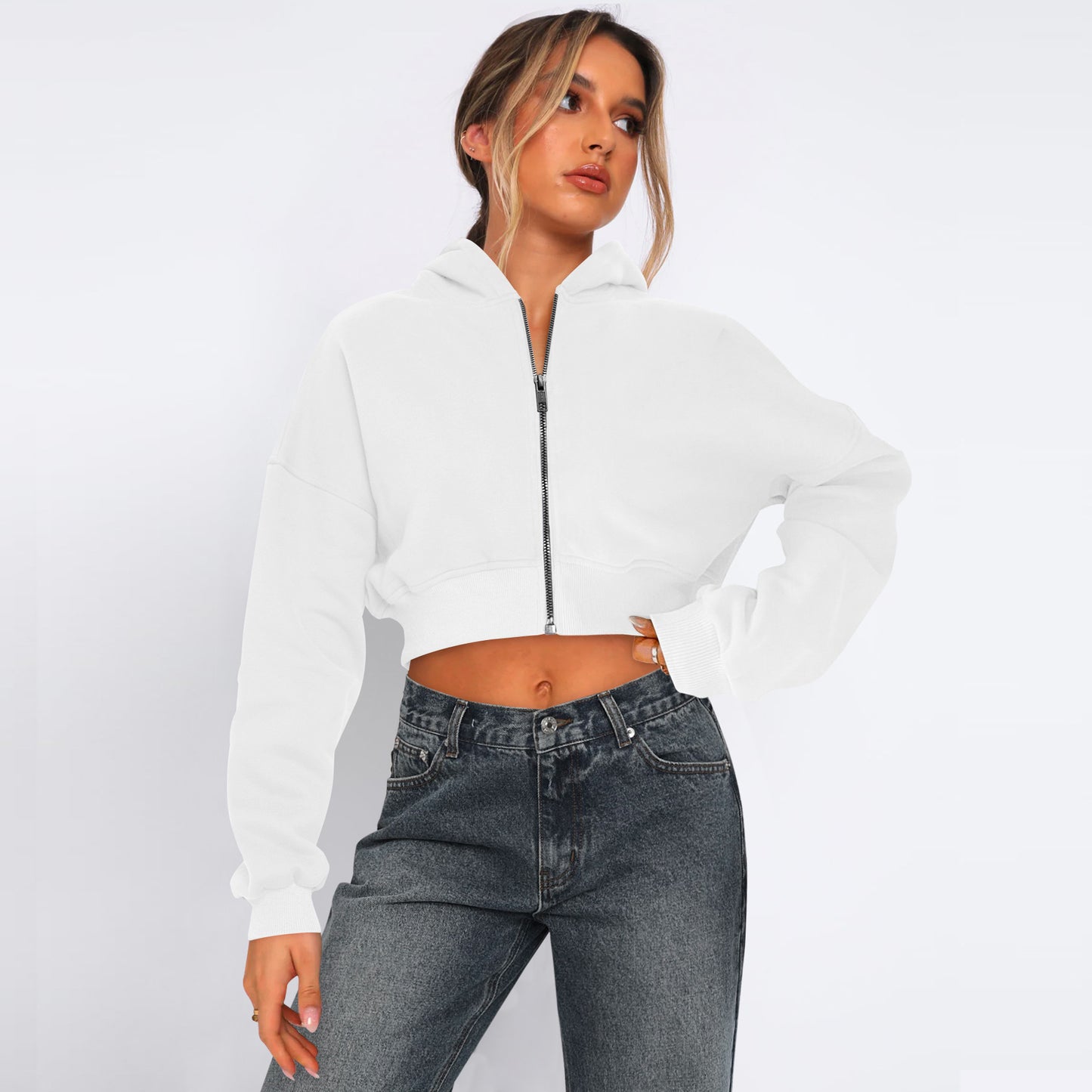 Street Cropped Long Sleeved Top Fleece Zipper Cardigan Hoodie Casual for Women