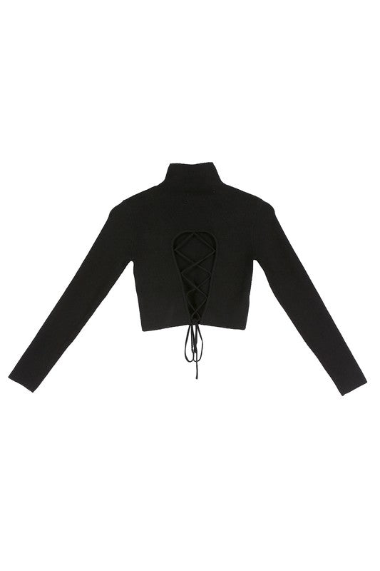 Cross back Mock neck lace - up open back top black - NUTRAL ATTIRE