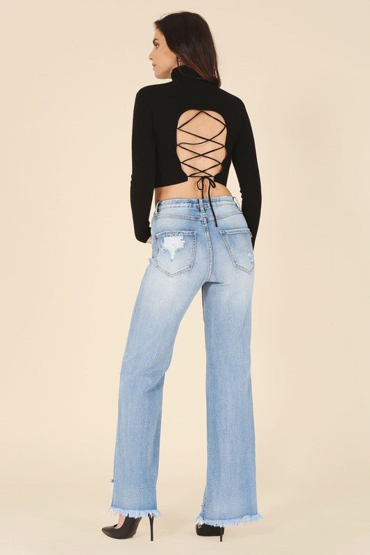Cross back Mock neck lace - up open back top black - NUTRAL ATTIRE