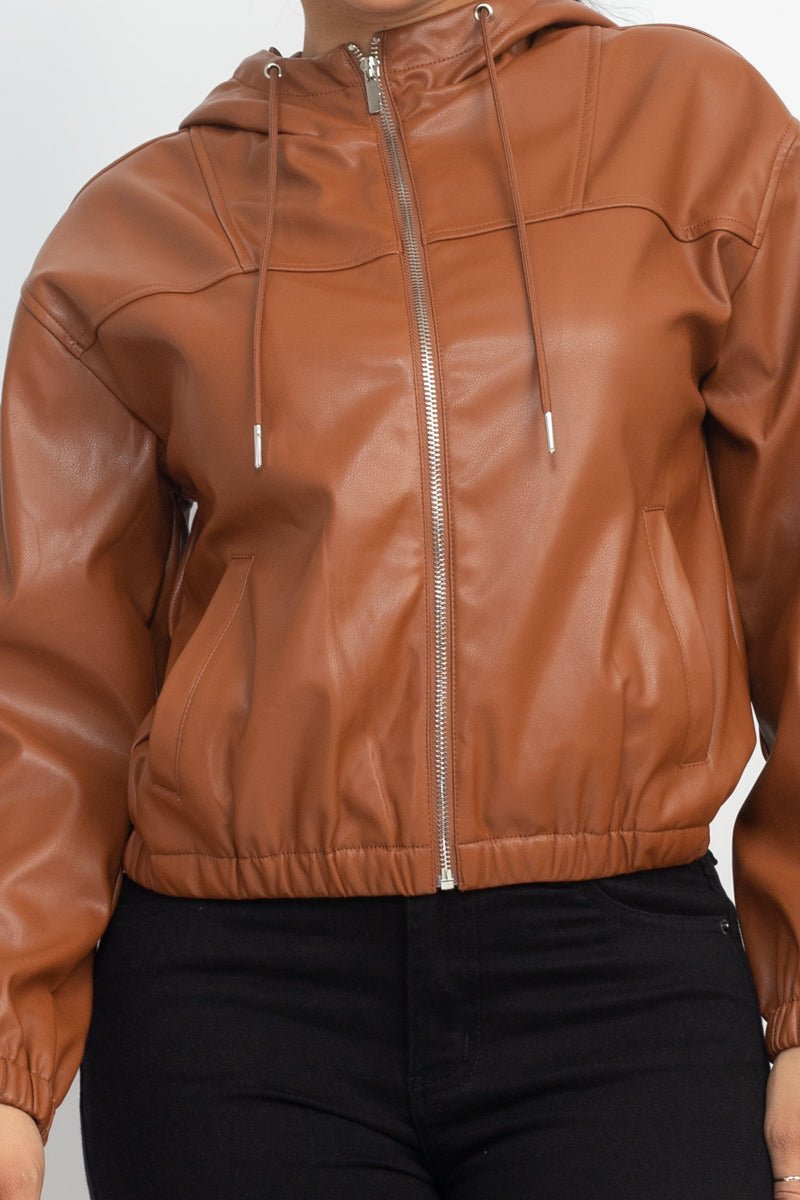 Faux Leather Hoodie Jacket - NUTRAL ATTIRE