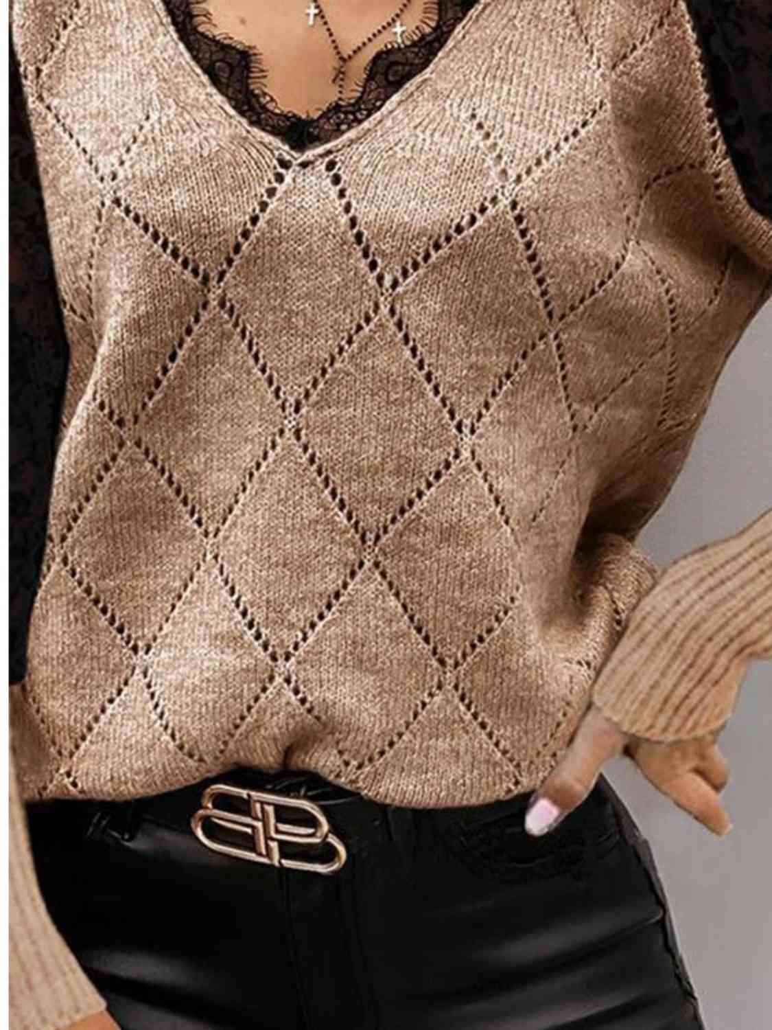 Lace Decor V Neck Two Tone Sweater - NUTRAL ATTIRE