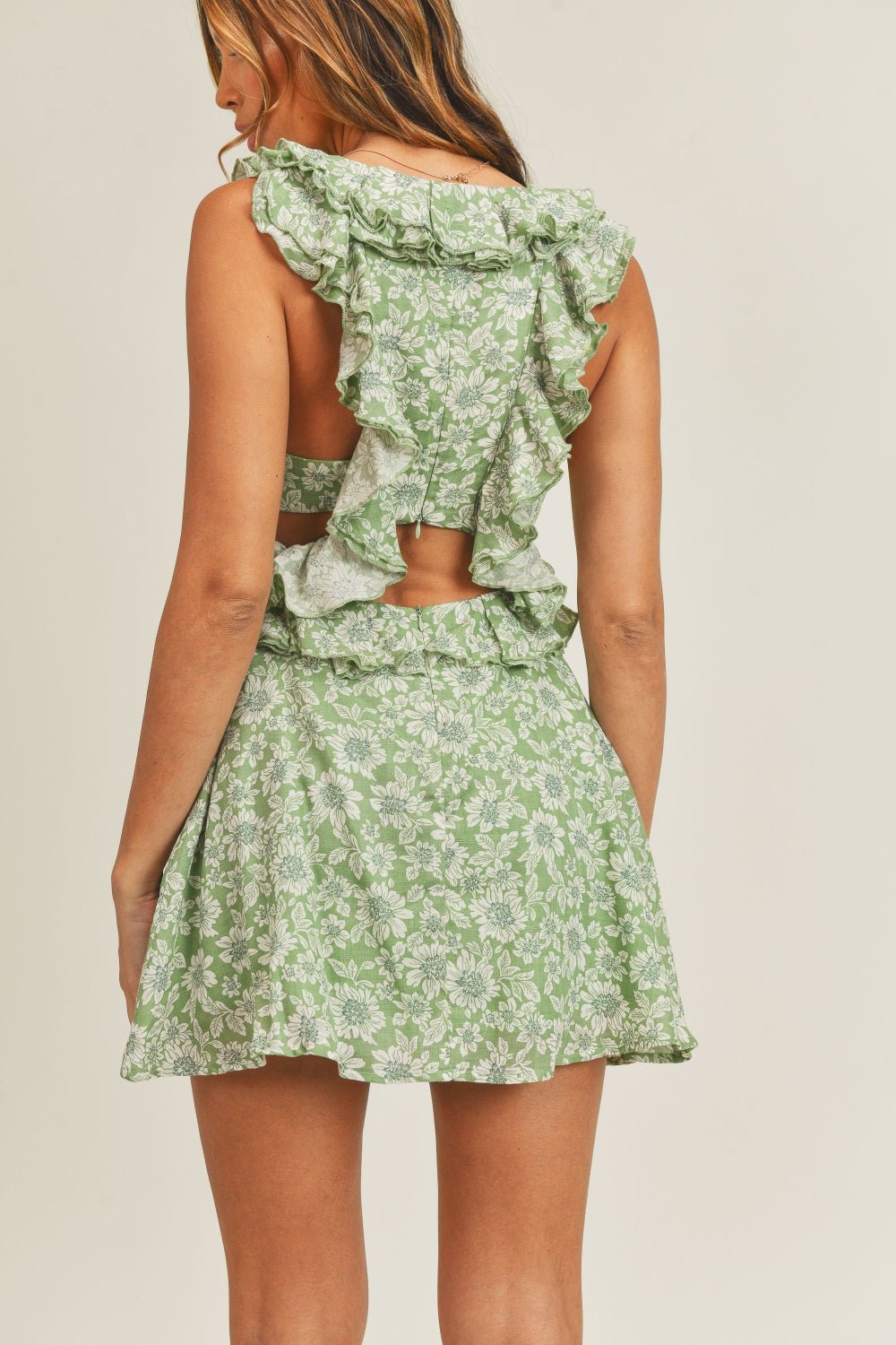 MABLE Floral Side Cutout Ruffled Mini Dress - NUTRAL ATTIRE