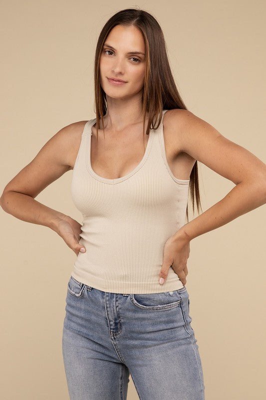 Ribbed Bra Padded V - Neck Tank Top - NUTRAL ATTIRE