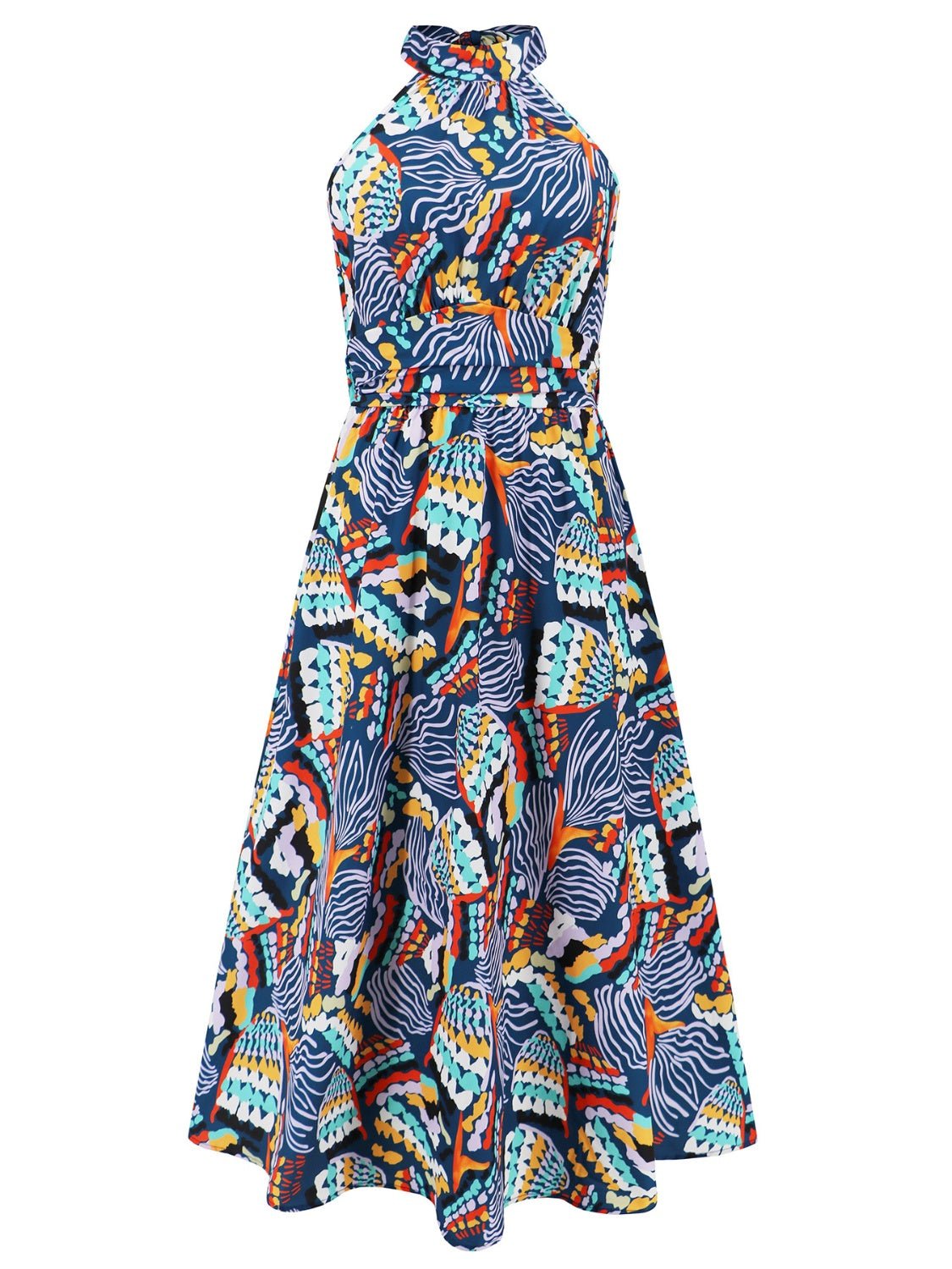 Ruched Printed Halter Neck Sleeveless Dress - NUTRAL ATTIRE