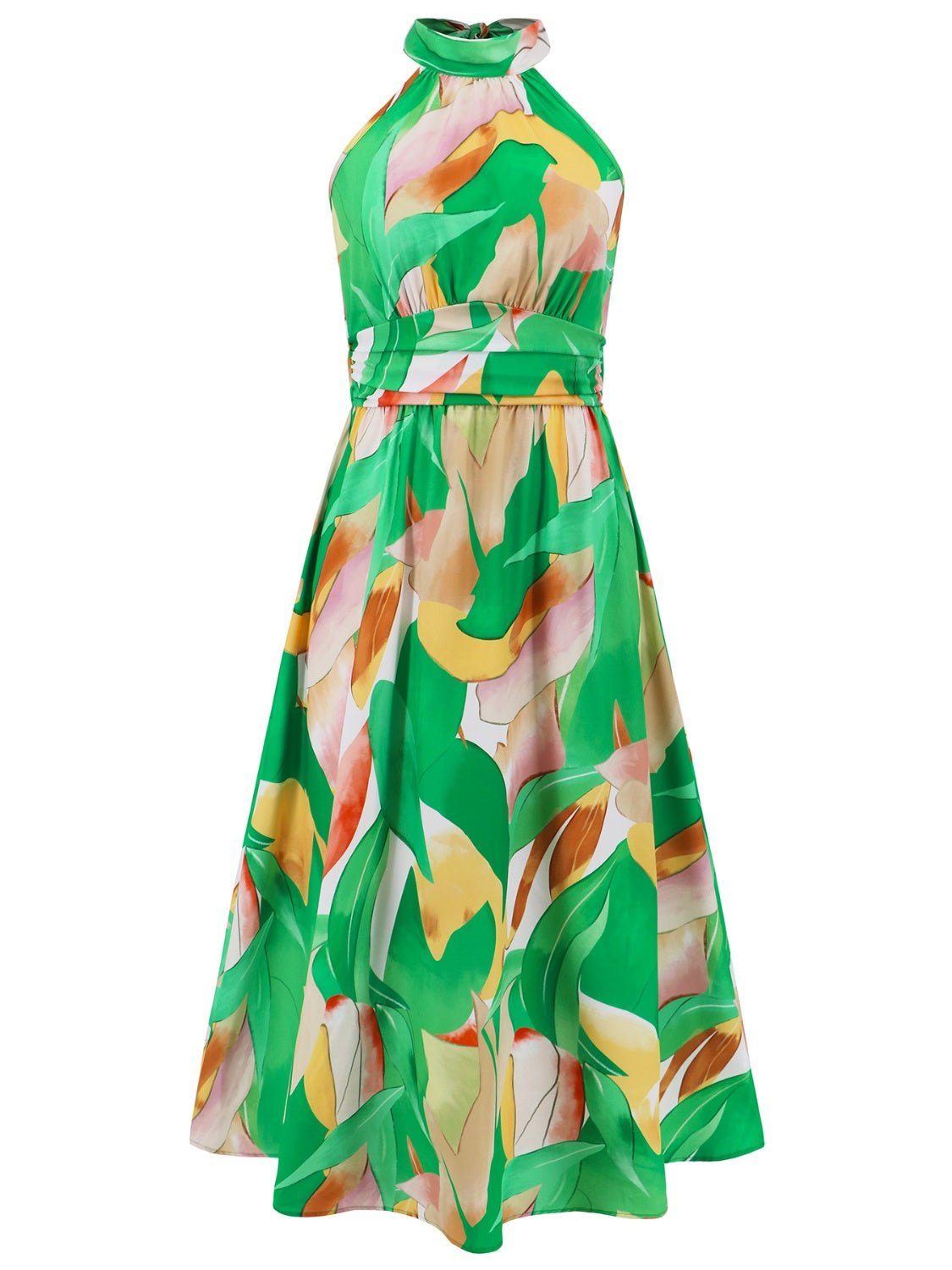 Ruched Printed Halter Neck Sleeveless Dress - NUTRAL ATTIRE