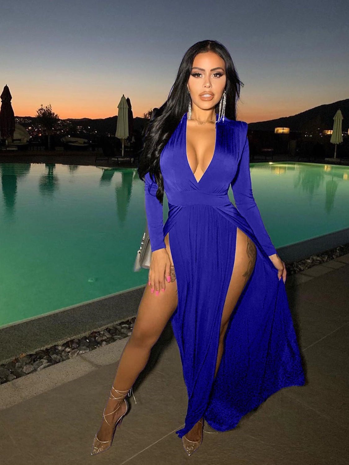 Slit Plunge Long Sleeve Dress - NUTRAL ATTIRE