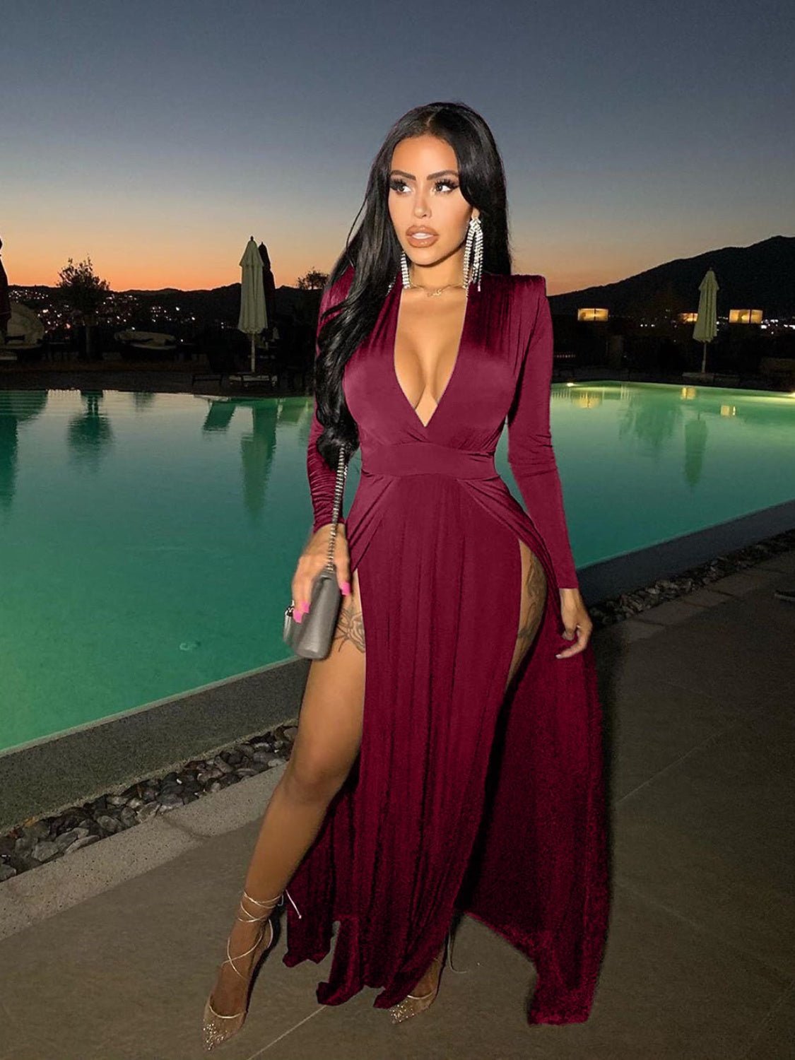 Slit Plunge Long Sleeve Dress - NUTRAL ATTIRE