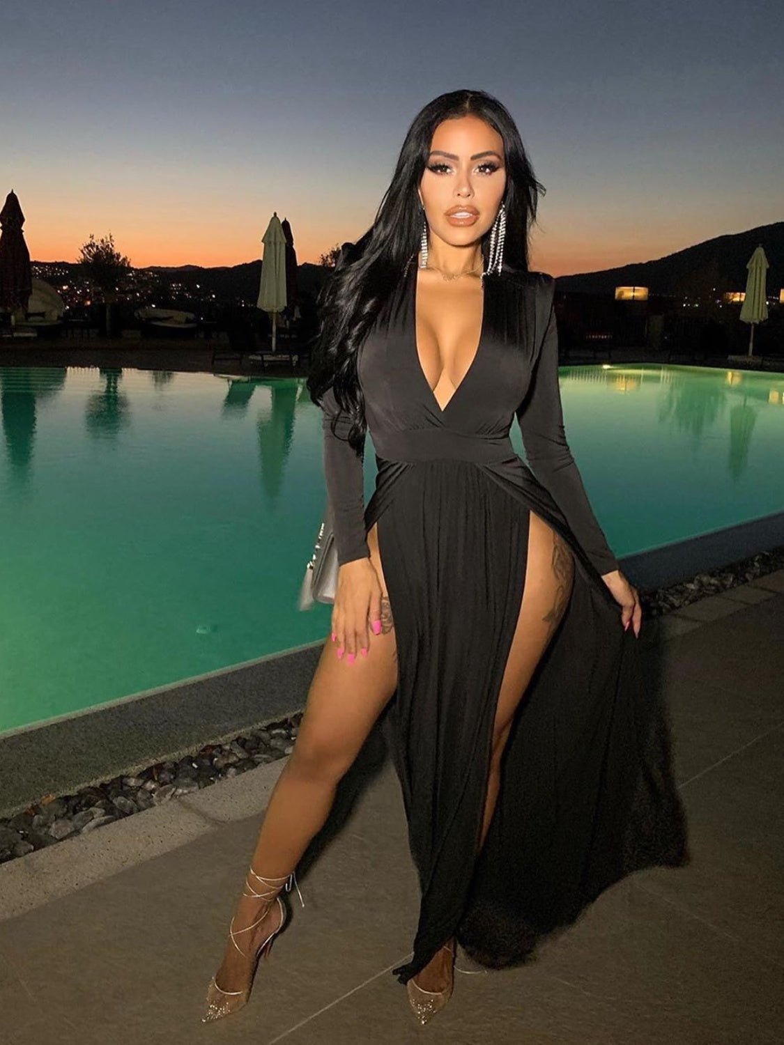 Slit Plunge Long Sleeve Dress - NUTRAL ATTIRE