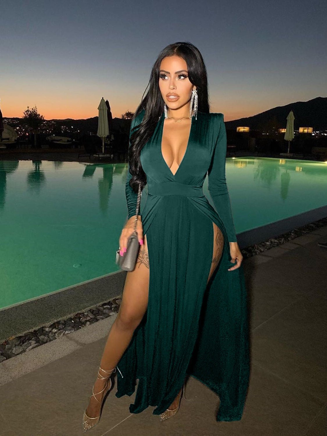 Slit Plunge Long Sleeve Dress - NUTRAL ATTIRE