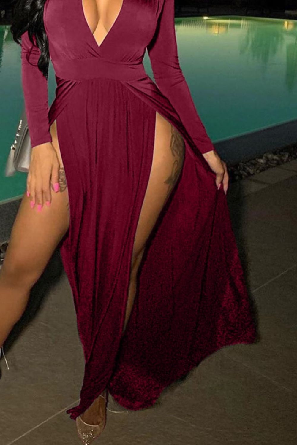 Slit Plunge Long Sleeve Dress - NUTRAL ATTIRE