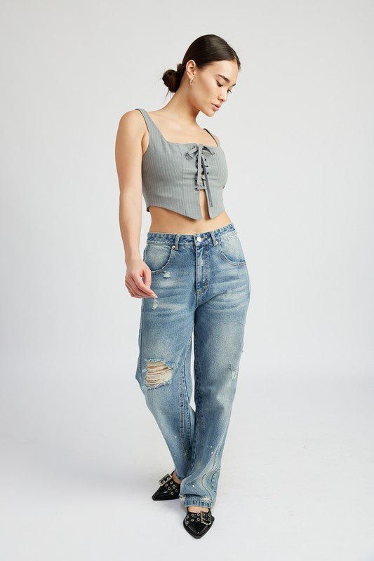 SQUARE NECK TOP WITH LACE UP FRONT - NUTRAL ATTIRE