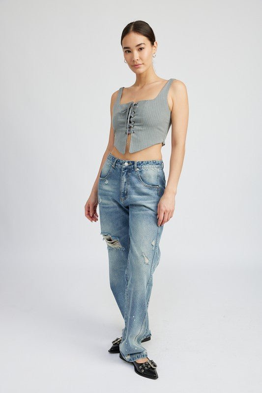 SQUARE NECK TOP WITH LACE UP FRONT - NUTRAL ATTIRE