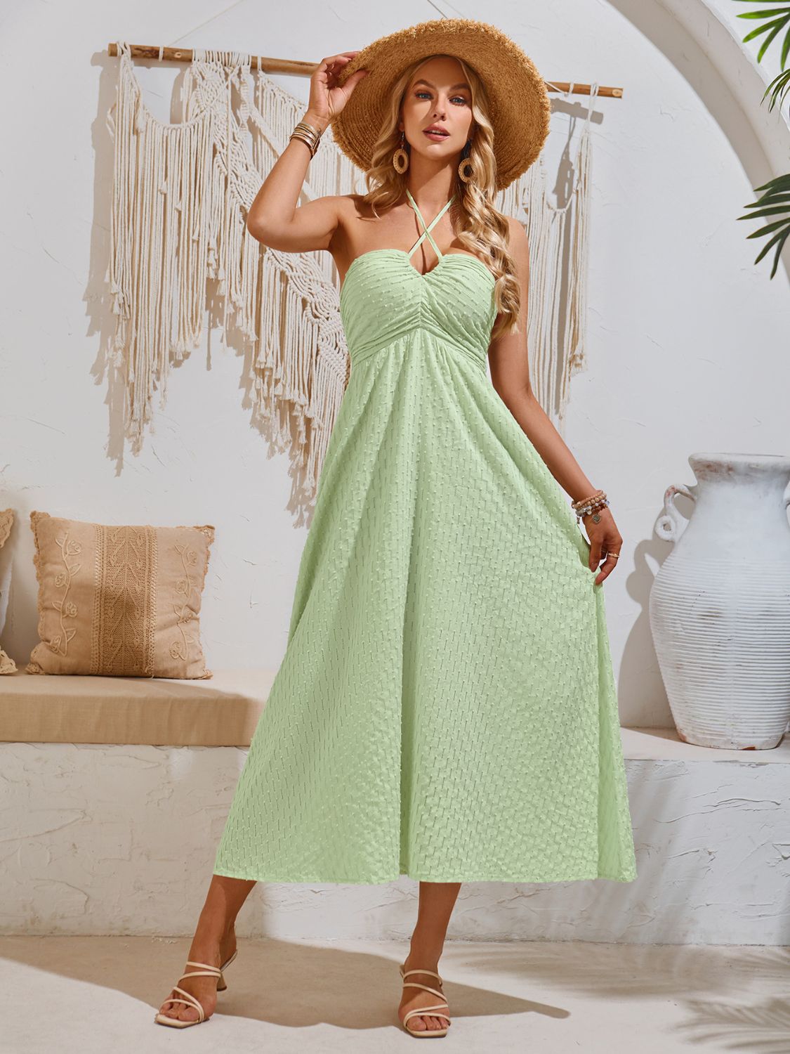 Swiss Dot Halter Neck Midi Dress - NUTRAL ATTIRE